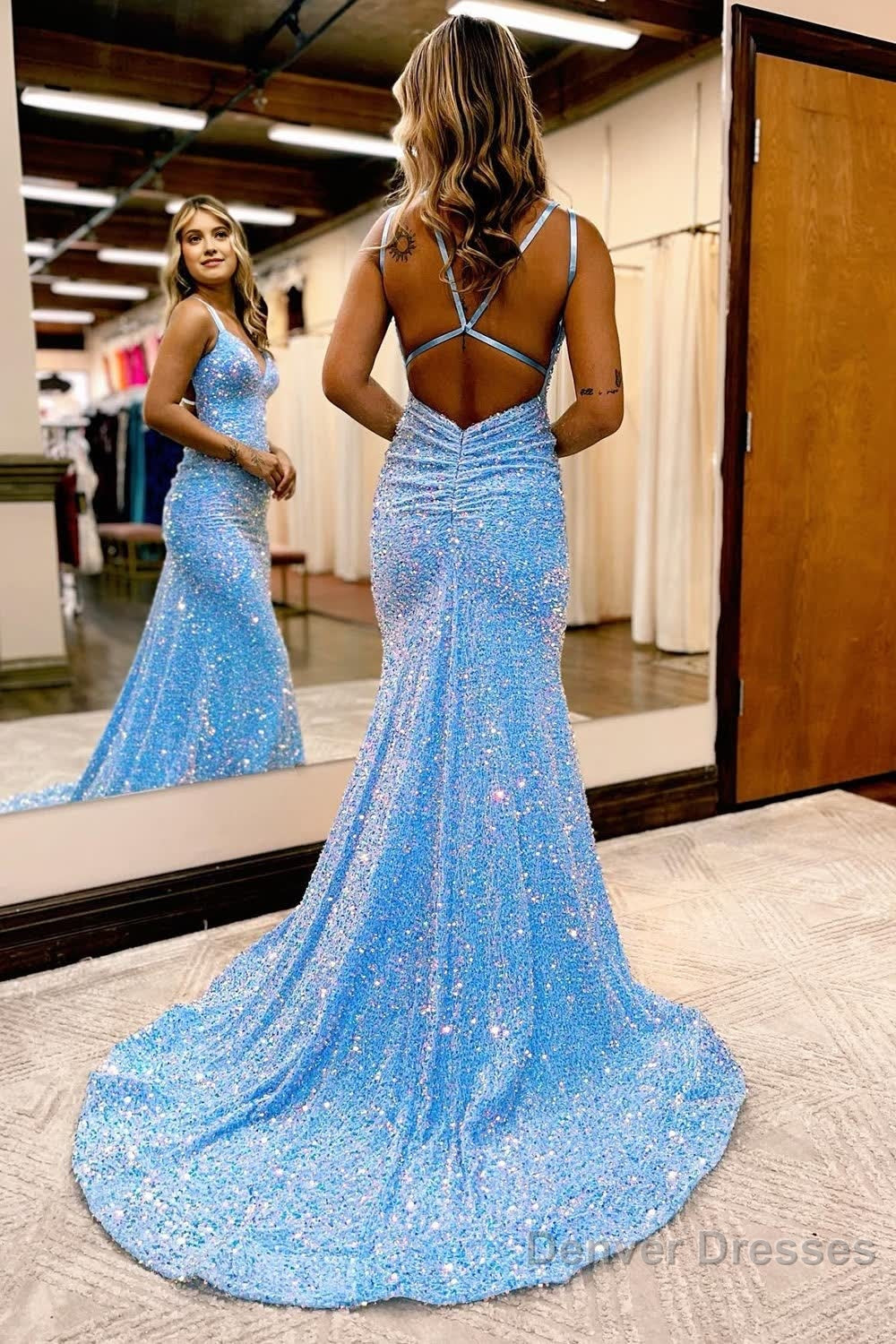 Sparkly Blue Mermaid Sequins Long Backless Prom Dress