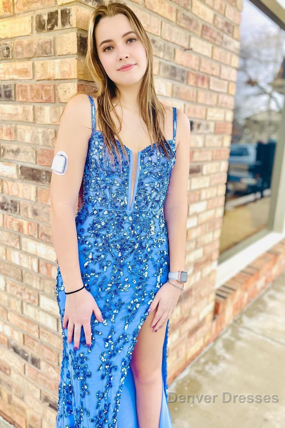 Sparkly Blue Sheath Sequins Long Prom Dress with Slit