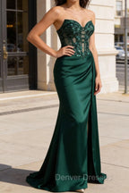 Sparkly Corset Strapless Dark Green Mermaid Long Prom Dress