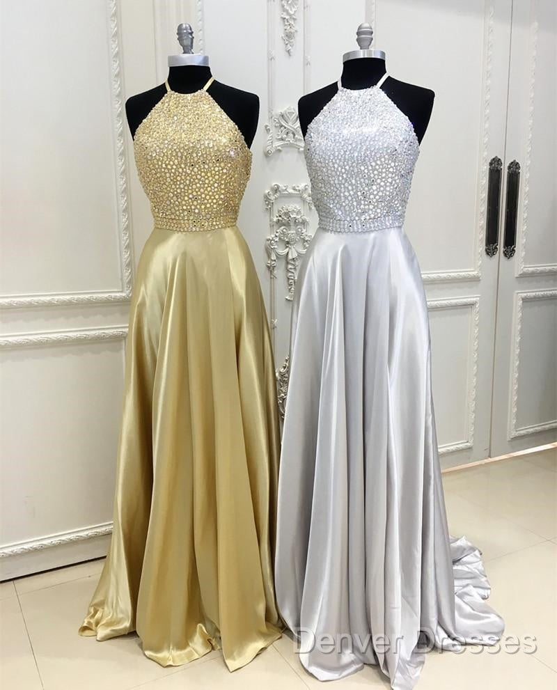 Sparkly Crystal Beaded Halter Long Satin Open Back Prom Dress Secondary image
