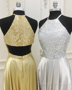 Sparkly Crystal Beaded Halter Long Satin Open Back Prom Dress