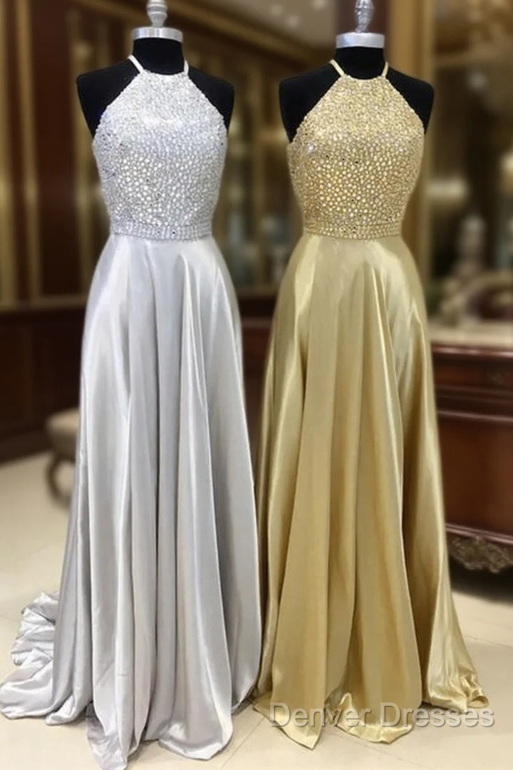Sparkly Crystal Beaded Halter Long Satin Open Back Prom Dress Main image