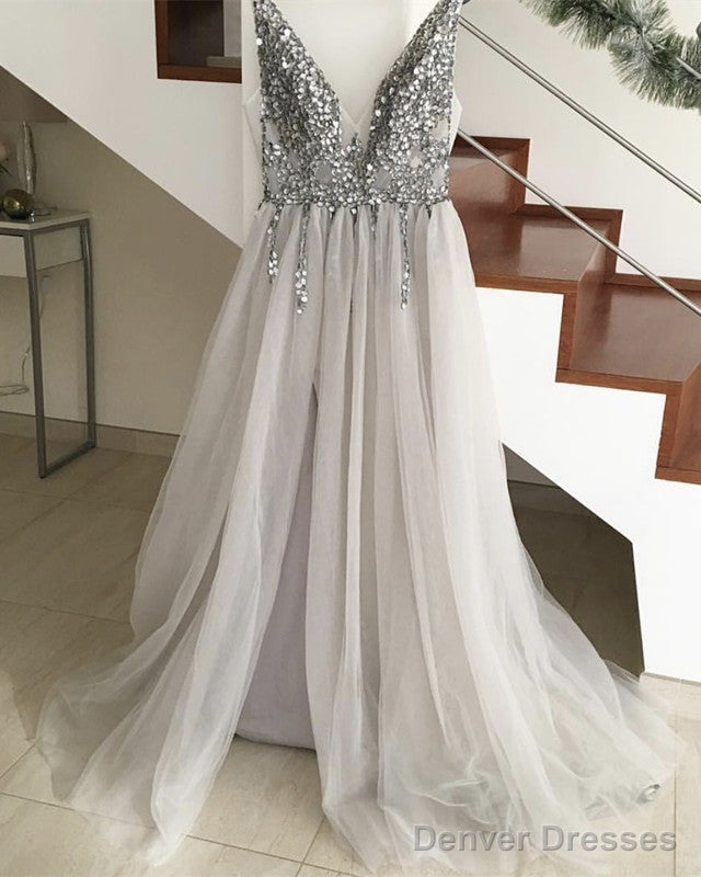 Sparkly Crystal Beaded V-Neck Tulle Split Evening Dresses Main image