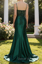Sparkly Dark Green Mermaid Spaghetti Straps Corset Beaded Prom Dress with Slit
