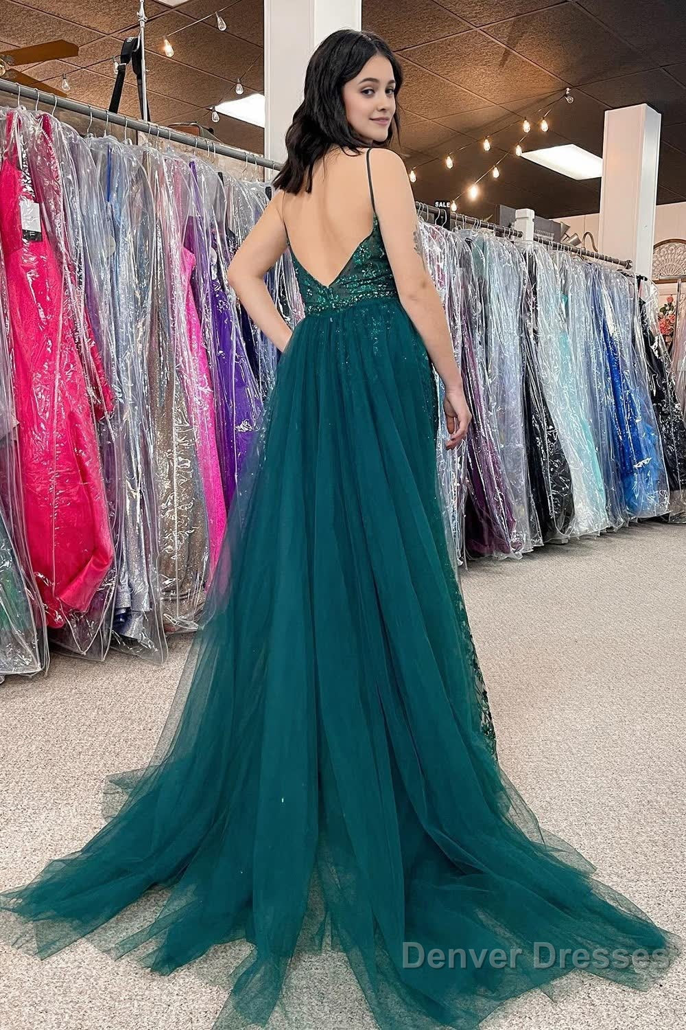 Sparkly Dark Green Tulle Sequin Detachable Train Prom Dress with Slit Secondary image