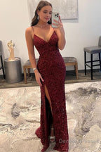 Sparkly Dark Red Sequins Long Prom Dress with Slit Formal Evening Dresses