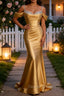 Sparkly Golden Mermaid Cold Shoulder Sequined Ruched Satin Long Prom Dress