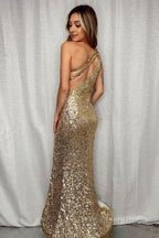 Sparkly Golden One Shoulder Mermaid Sequins Long Prom Dress  with Fringes