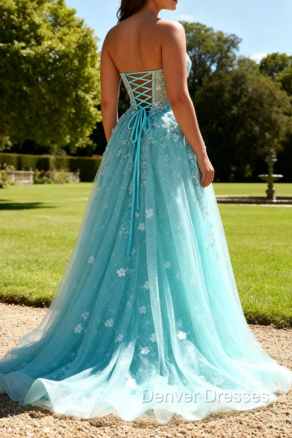 Sparkly Green A-Line Strapless Sequins Corset Long Prom Dress with Slit Secondary image