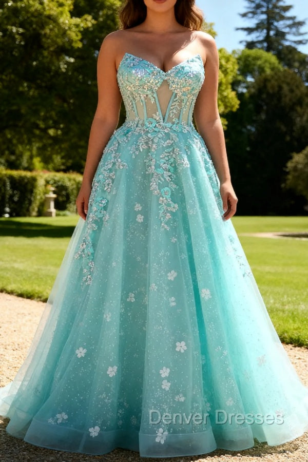 Sparkly Green A-Line Strapless Sequins Corset Long Prom Dress with Slit Main image