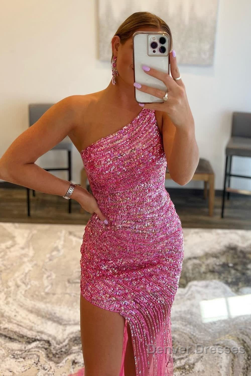 Sparkly Grey Blue Beaded One Shoulder Long Prom Dress with Slit