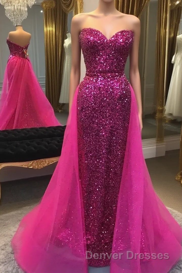 Sparkly Hot Pink Detachable Train Sequins Long Prom Dress