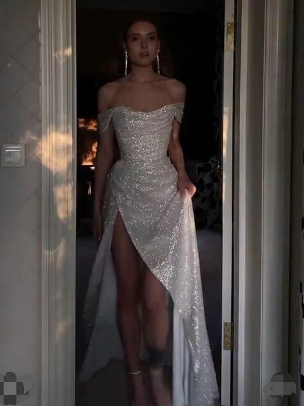 Sparkly Ivory Mermaid Off Shoulder High Slit Cheap Long Prom Dress Secondary image