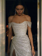 Sparkly Ivory Mermaid Off Shoulder High Slit Cheap Long Prom Dress