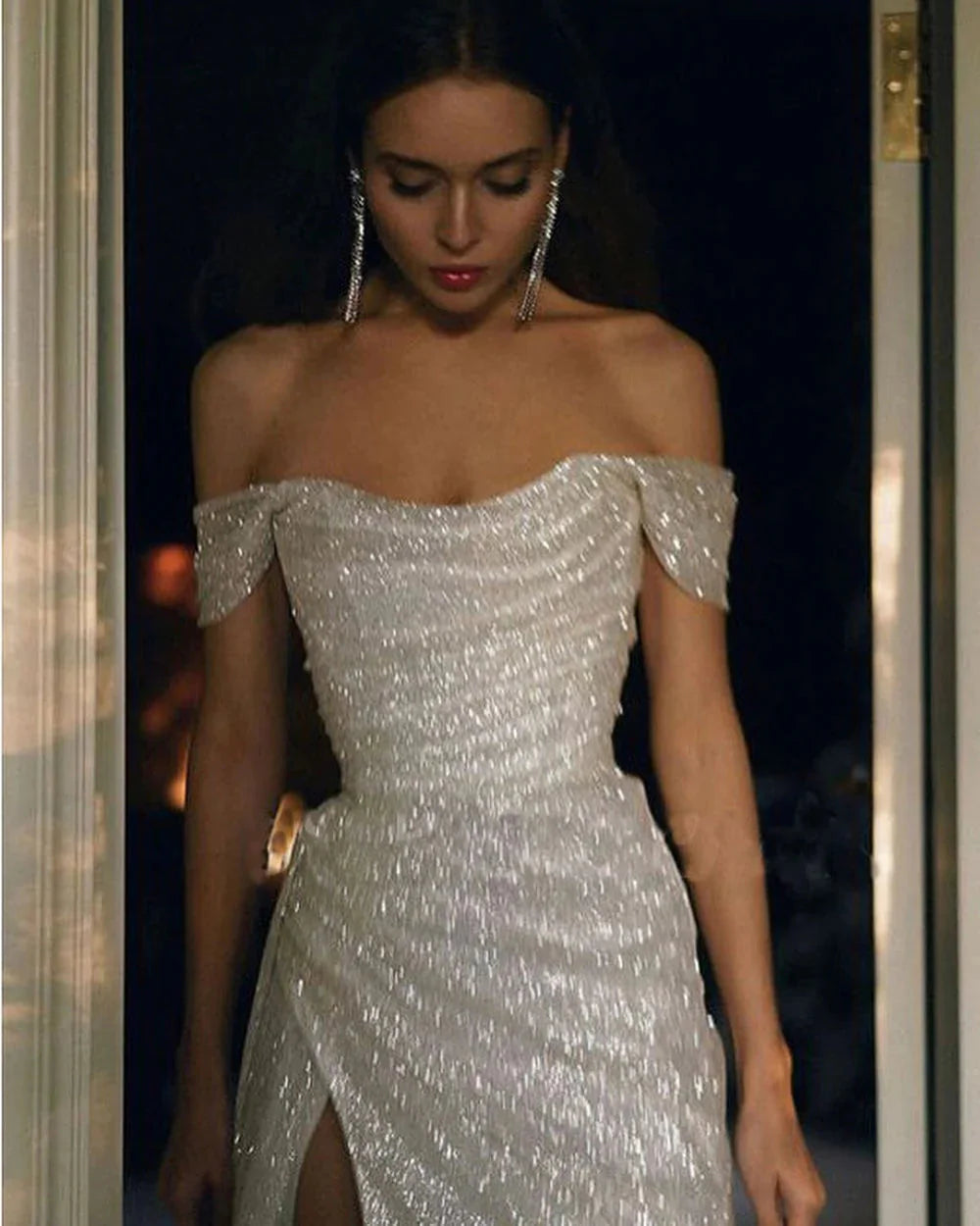 Sparkly Ivory Mermaid Off Shoulder High Slit Cheap Long Prom Dress Online Secondary image