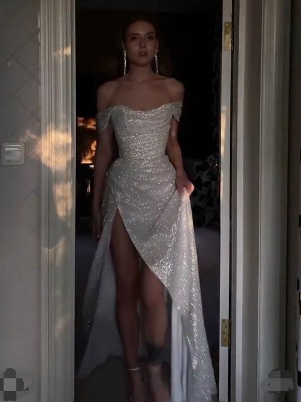 Sparkly Ivory Mermaid Off Shoulder High Slit Cheap Long Prom Dress Online Main image