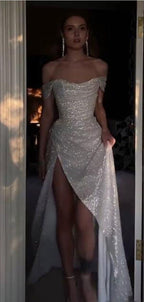 Sparkly Ivory Mermaid Off Shoulder High Slit Cheap Long Prom Dress