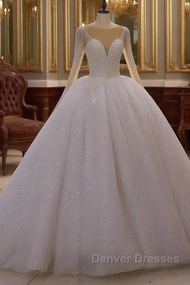 Sparkly Jewel Sequined Long Sleevess Princess Wedding Dress