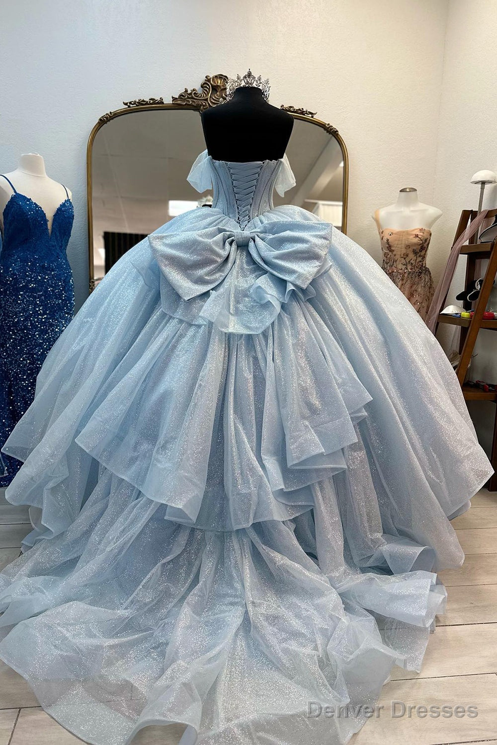 Light Blue Prom Dress Off the Shoulder Tulle Long Corset Evening Dress with Bow Secondary image
