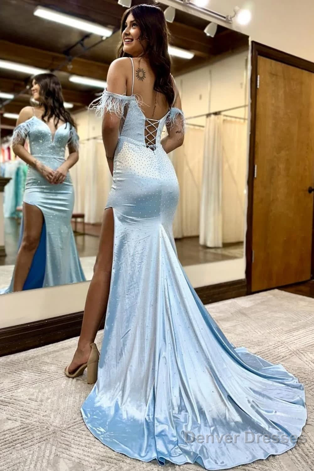 Sparkly Light Blue Sequins Mermaid Long Prom Dress with Feathers Secondary image