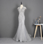 Sparkly Light Grey Mermaid V-Neck Beaded Tulle Train Prom Dress Evening Dress
