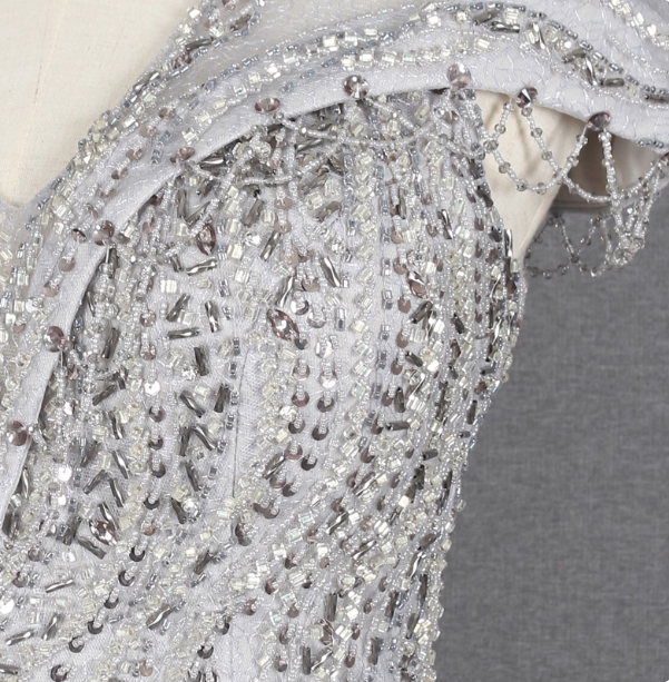 Sparkly Light Grey Mermaid V-Neck Beaded Tulle Train Prom Dress Evening Dress