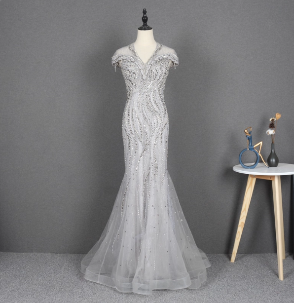 Sparkly Light Grey Mermaid V-Neck Beaded Tulle Train Prom Dress Evening Dress Main image