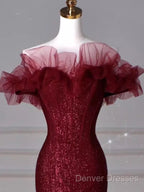 Sparkly Mermaid Burgundy Sequin Long Prom Dress Party Dress
