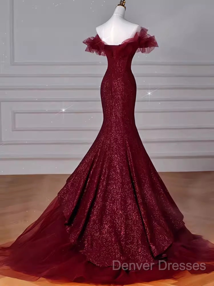 Sparkly Mermaid Burgundy Sequin Long Prom Dress Party Dress