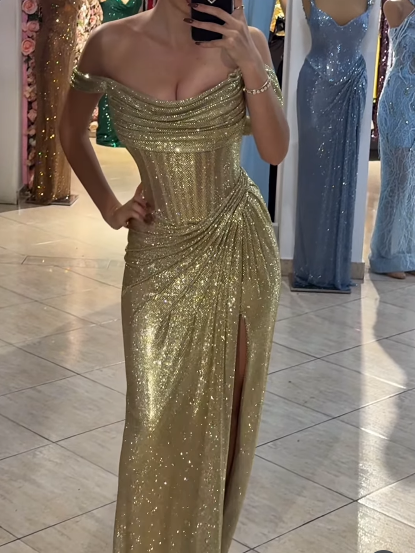 Sparkly Mermaid Off The Shoulder Blue Sequin Long Slit Evening Party Gowns Evening Dress Special Formal Dress Prom Dress
