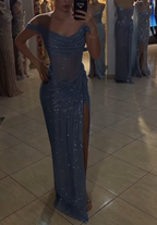 Sparkly Mermaid Off The Shoulder Blue Sequin Long Slit Evening Party Gowns Evening Dress Special Formal Dress Prom Dress