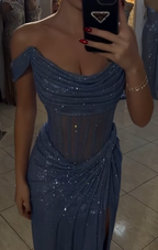 Sparkly Mermaid Off The Shoulder Blue Sequin Long Slit Evening Party Gowns Evening Dress Special Formal Dress Prom Dress