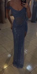 Sparkly Mermaid Off The Shoulder Blue Sequin Long Slit Evening Party Gowns Evening Dress Special Formal Dress Prom Dress