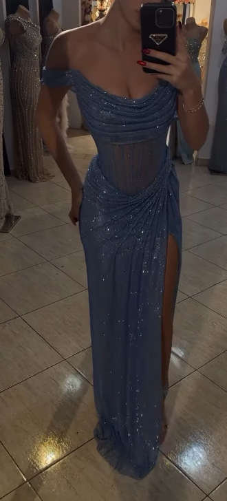 Sparkly Mermaid Off The Shoulder Blue Sequin Long Slit Evening Party Gowns Evening Dress Special Formal Dress Prom Dress
