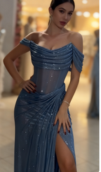 Sparkly Mermaid Off The Shoulder Blue Sequin Long Slit Evening Party Gowns Evening Dress Special Formal Dress Prom Dress