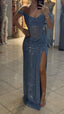 Sparkly Mermaid Off The Shoulder Blue Sequin Long Slit Evening Party Gowns Evening Dress Special Formal Dress Prom Dress