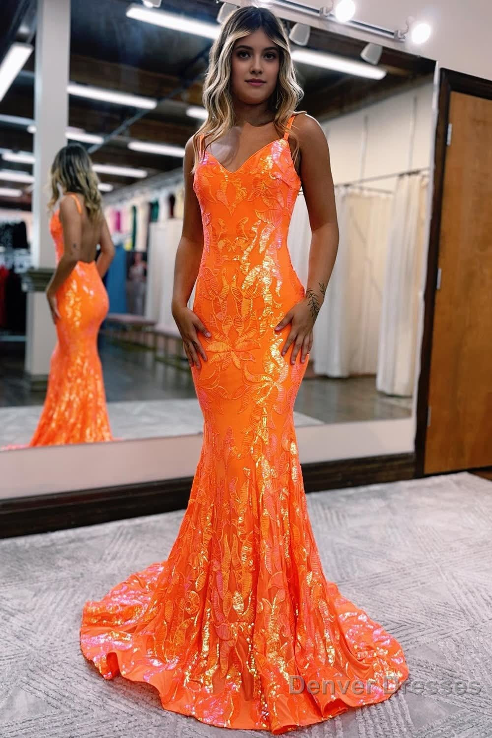 Sparkly Mermaid Orange Sequins Long Prom Dress Main image