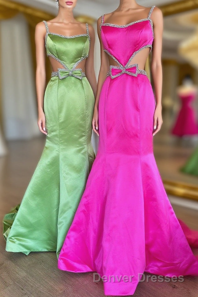 Mermaid Prom Dress Spaghetti Straps Long Evening Dress with Bow Main image