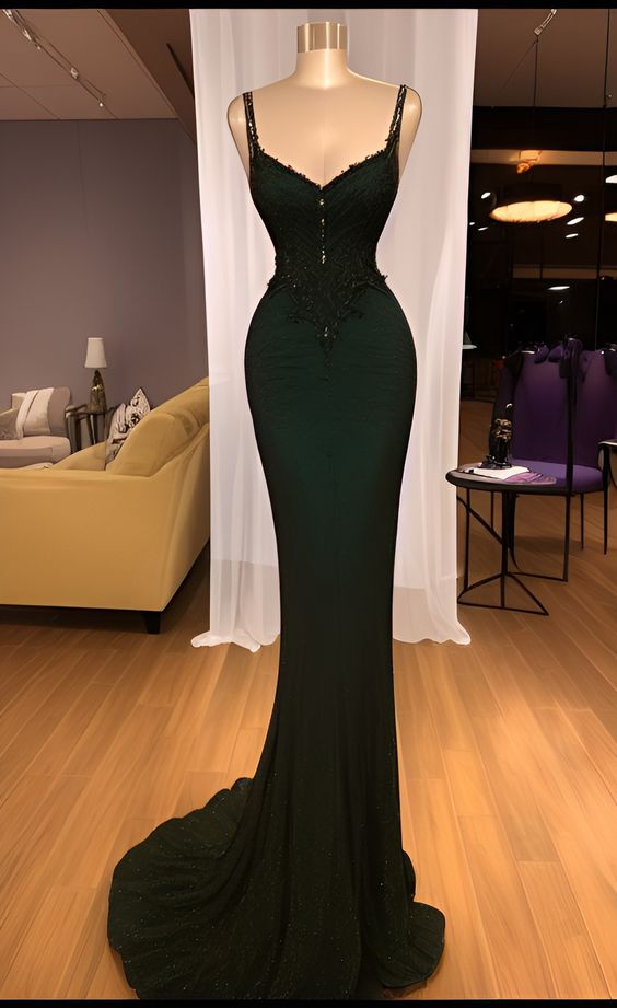 Sparkly Mermaid Spaghetti Straps Sleeveless Sequin Dark Green Prom Dress Long Prom Dress