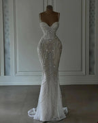 Sparkly Mermaid Spaghetti Straps White Sequin Beaded Wedding Dress Long Bridal Gown Wedding Dress