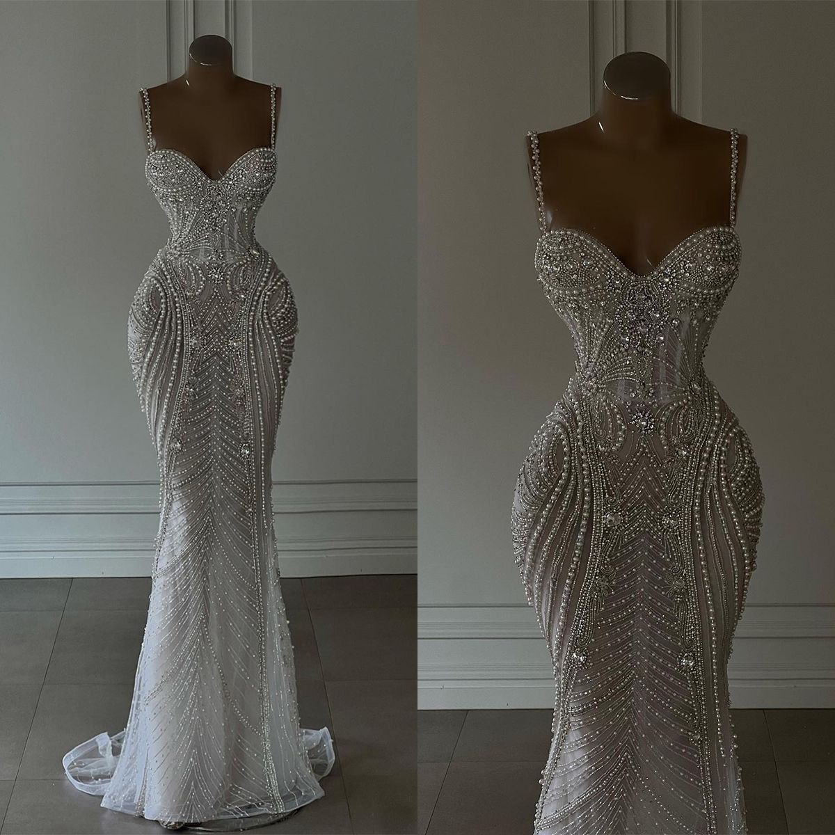 Sparkly Mermaid Spaghetti Straps White Sequin Beaded Wedding Dress Long Bridal Gown Wedding Dress Secondary image