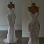 Sparkly Mermaid Spaghetti Straps White Sequin Beaded Wedding Dress Long Bridal Gown Wedding Dress