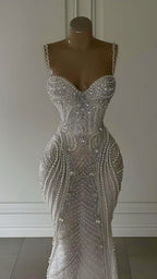 Sparkly Mermaid Spaghetti Straps White Sequin Beaded Wedding Dress Long Bridal Gown Wedding Dress
