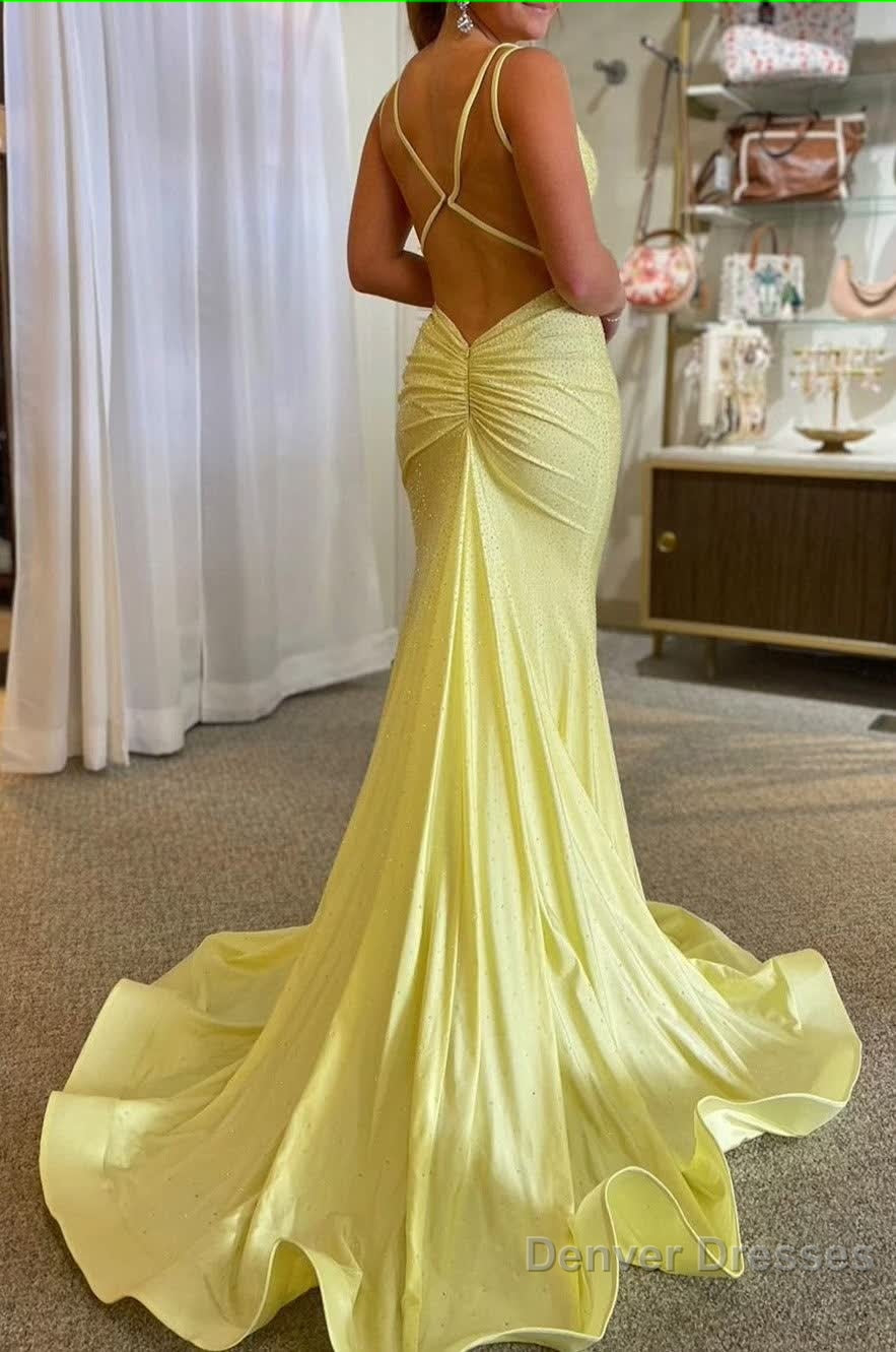 Sparkly Mermaid Spaghetti Straps Yellow Sequins Long Prom Dress Secondary image