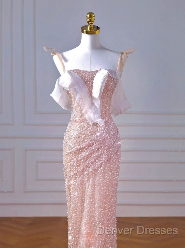 Sparkly Mermaid Straps Pink Tulle Pearls Long Prom Dress Secondary image