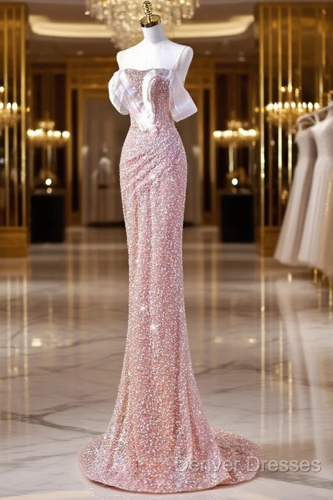 Sparkly Mermaid Straps Pink Tulle Pearls Long Prom Dress Main image
