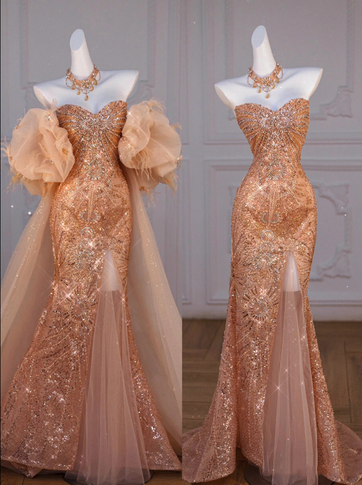 Sparkly Mermaid Sweetheart Sequin Long Slit Gold Evening Dress Prom Dress With Beads