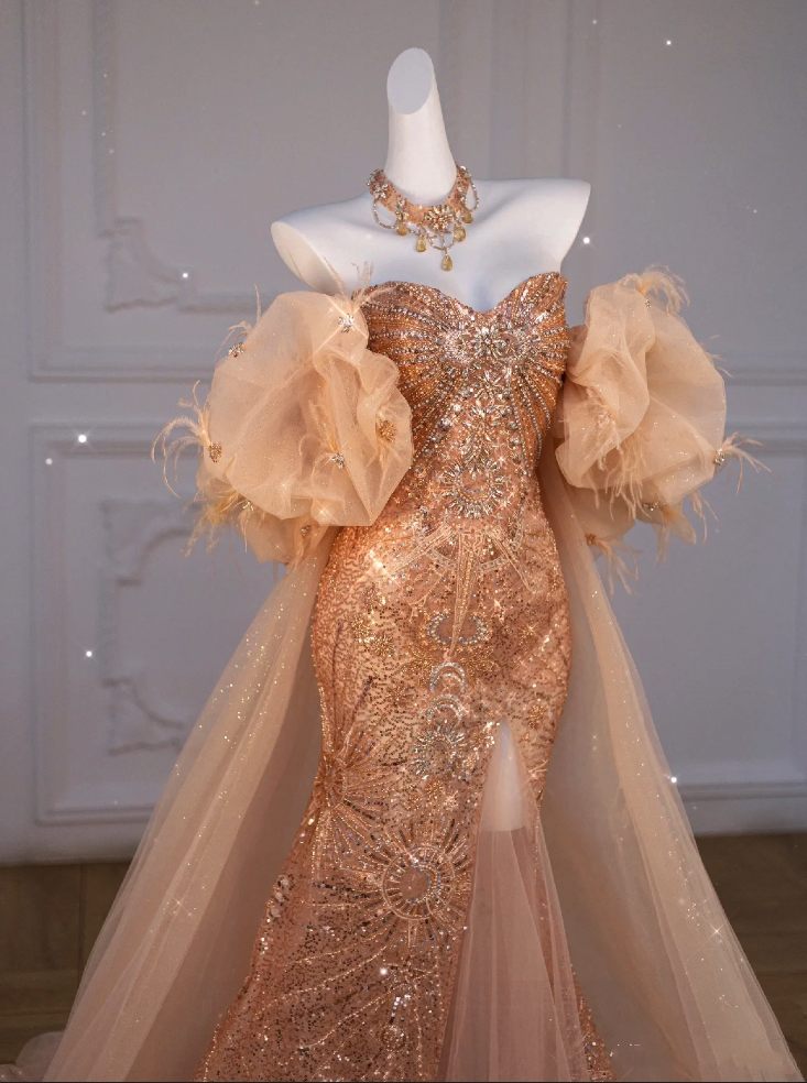 Sparkly Mermaid Sweetheart Sequin Long Slit Gold Evening Dress Prom Dress With Beads