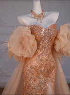 Sparkly Mermaid Sweetheart Sequin Long Slit Gold Evening Dress Prom Dress With Beads