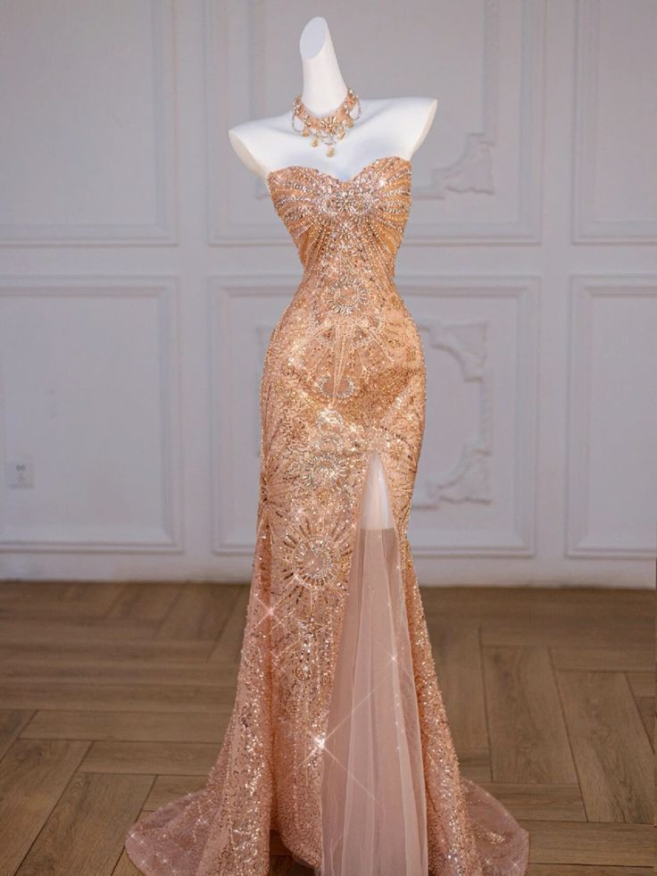 Sparkly Mermaid Sweetheart Sequin Long Slit Gold Evening Dress Prom Dress With Beads